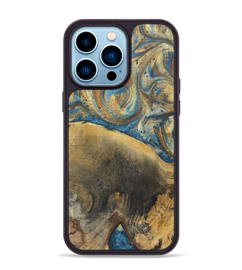 iPhone 14 Pro Max Wood+Resin Phone Case - Kerry (Teal & Gold, 718960)