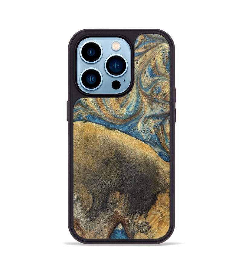 iPhone 14 Pro Wood+Resin Phone Case - Kerry (Teal & Gold, 718960)