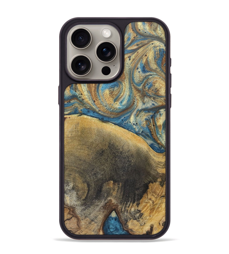 iPhone 15 Pro Max Wood+Resin Phone Case - Kerry (Teal & Gold, 718960)