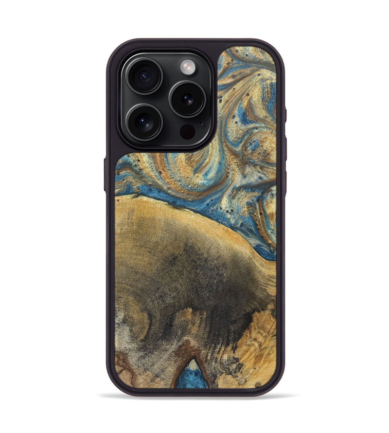 iPhone 15 Pro Wood+Resin Phone Case - Kerry (Teal & Gold, 718960)