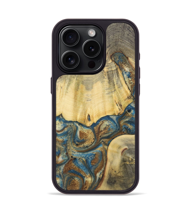 iPhone 15 Pro Wood+Resin Phone Case - Eliza (Teal & Gold, 718961)