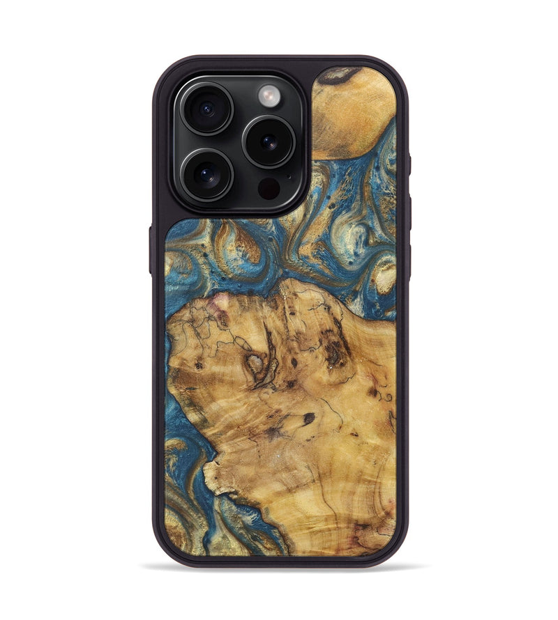 iPhone 15 Pro Wood+Resin Phone Case - Darla (Teal & Gold, 718962)