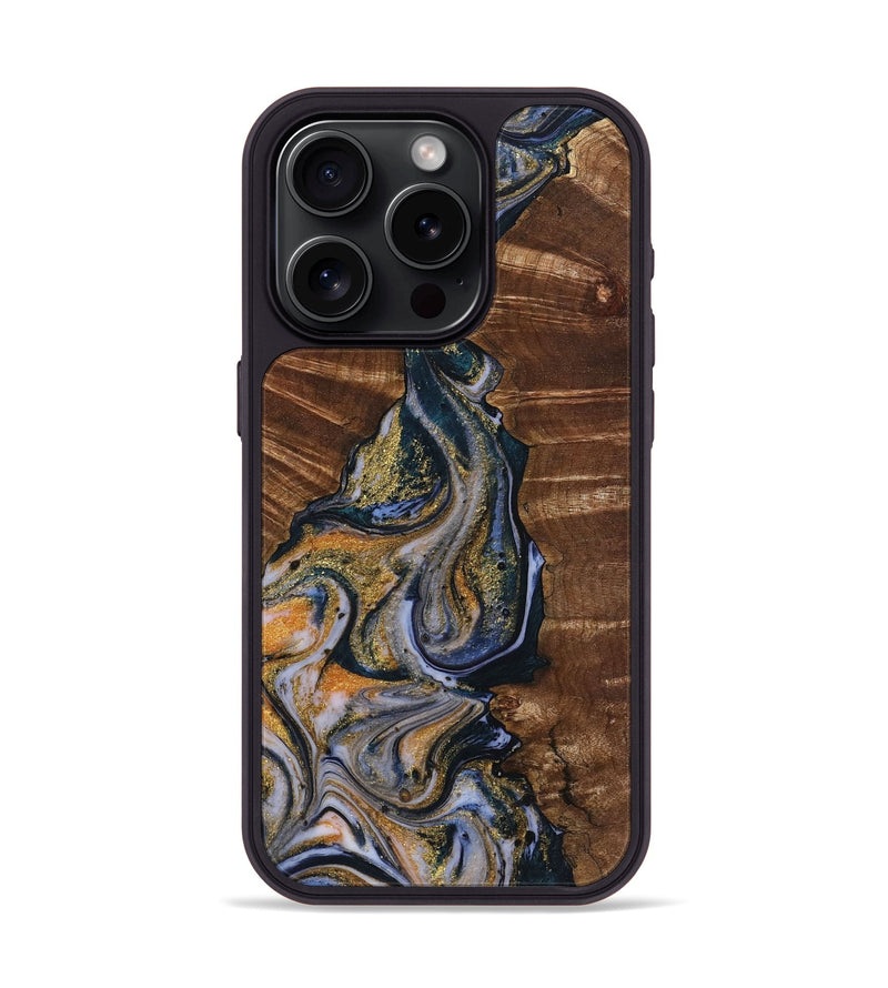 iPhone 15 Pro Wood+Resin Phone Case - Edgar (Teal & Gold, 719109)