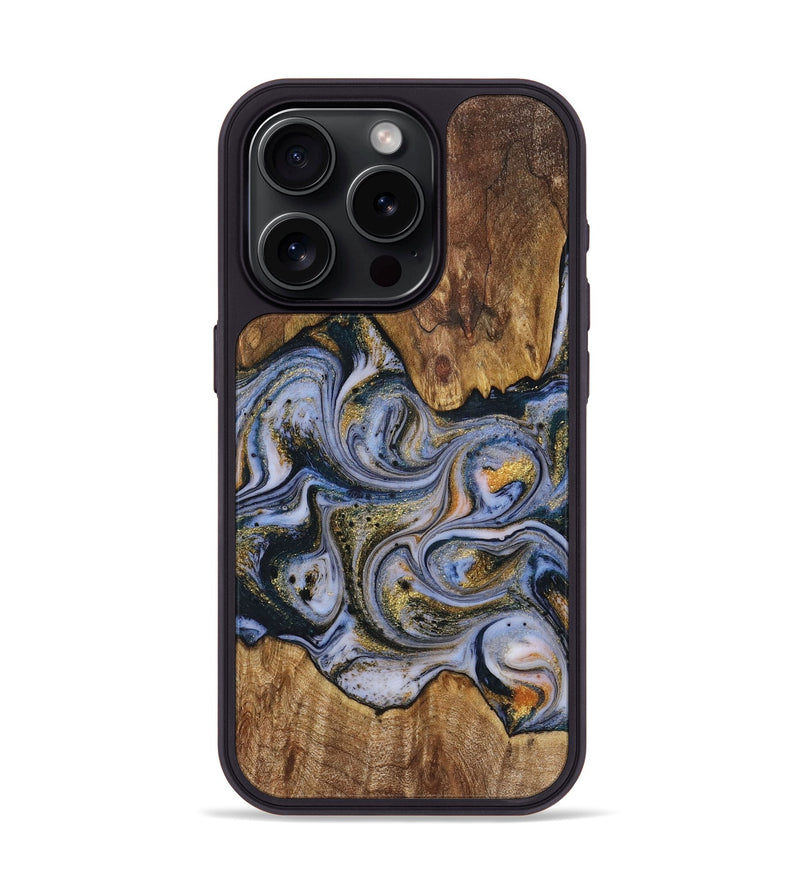 iPhone 15 Pro Wood+Resin Phone Case - Wendi (Teal & Gold, 719110)