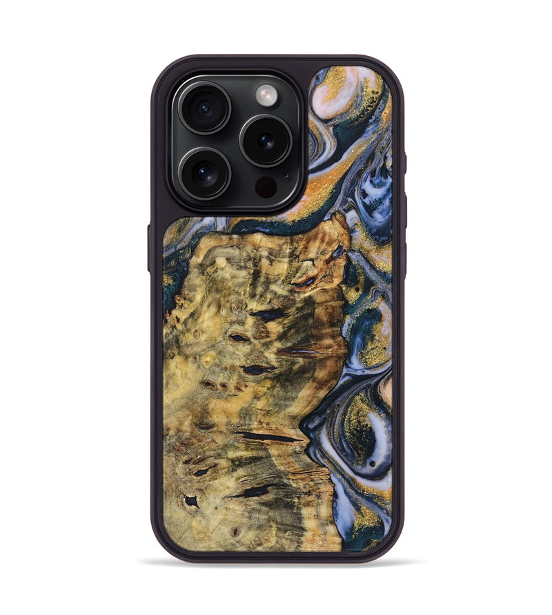 iPhone 15 Pro Wood+Resin Phone Case - Paige (Teal & Gold, 719115)