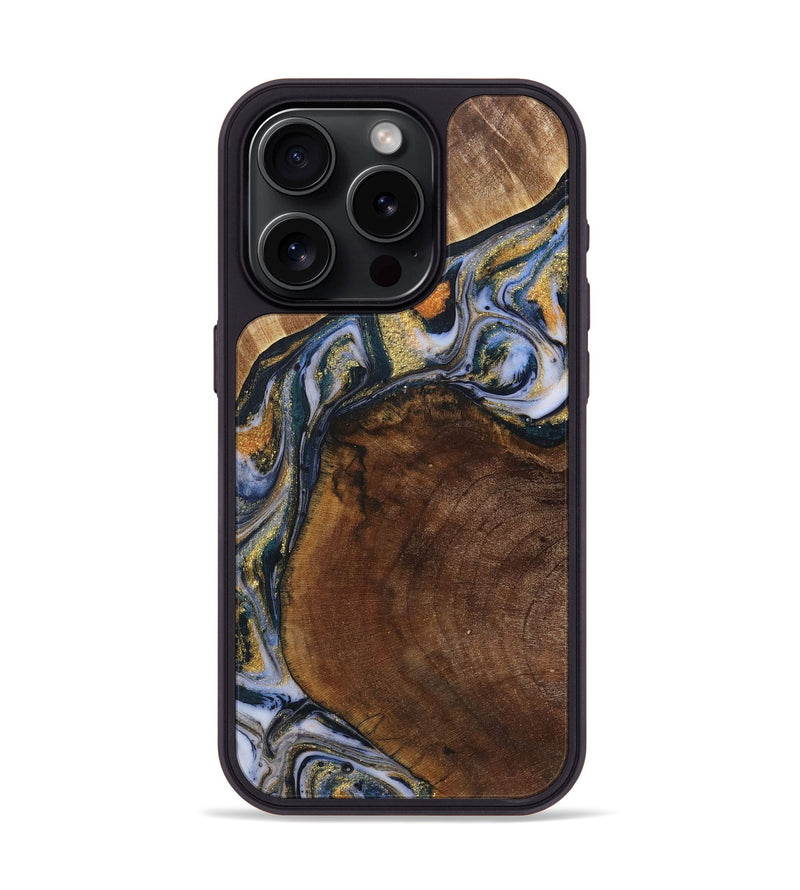 iPhone 15 Pro Wood+Resin Phone Case - Doreen (Teal & Gold, 719119)