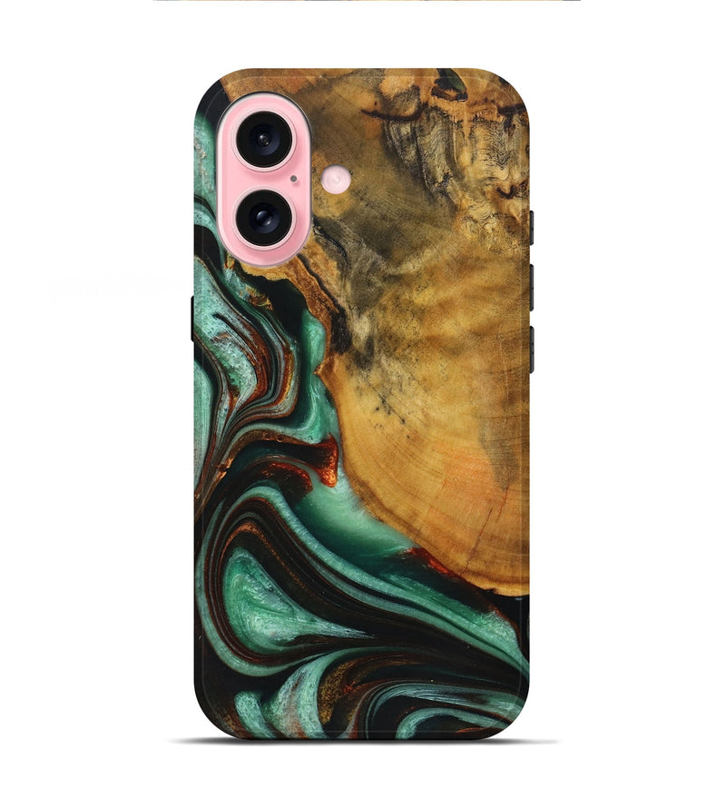 iPhone 16 Wood+Resin Live Edge Phone Case - Mya (Green, 719293)