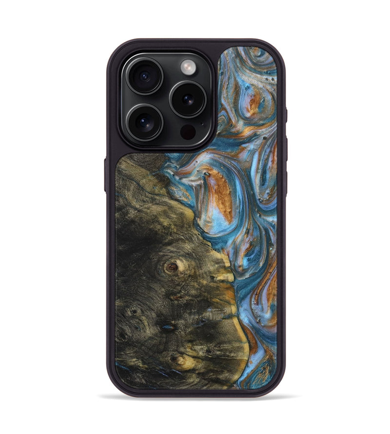 iPhone 15 Pro Wood+Resin Phone Case - Sharon (Teal & Gold, 719413)