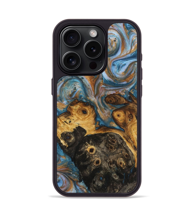 iPhone 15 Pro Wood+Resin Phone Case - Randi (Teal & Gold, 719414)