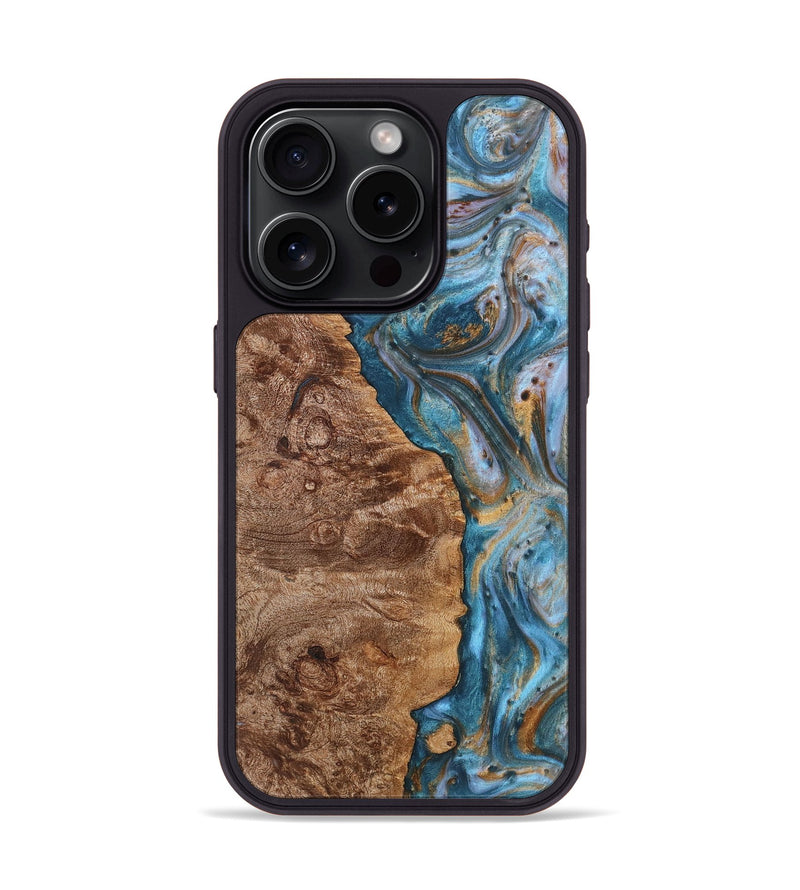 iPhone 15 Pro Wood+Resin Phone Case - Latonya (Teal & Gold, 719415)