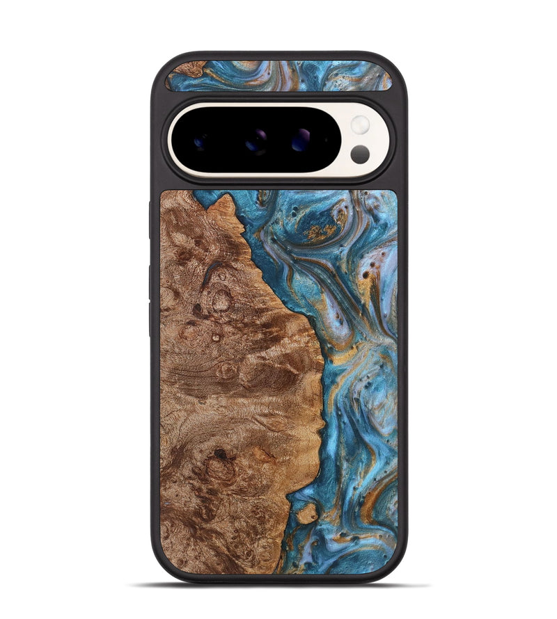 Pixel 9 Wood+Resin Phone Case - Latonya (Teal & Gold, 719415)