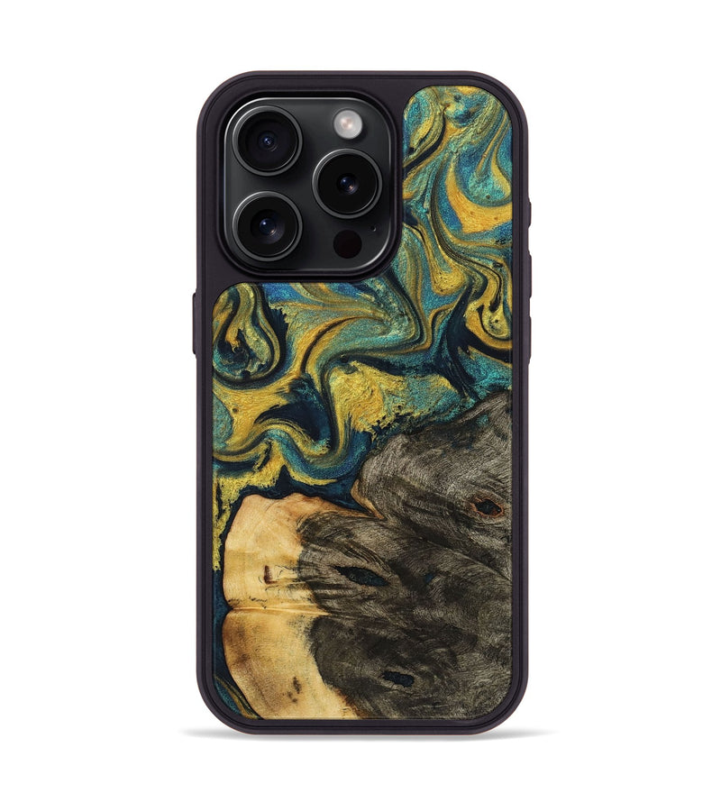 iPhone 15 Pro Wood+Resin Phone Case - Mckenna (Teal & Gold, 719416)