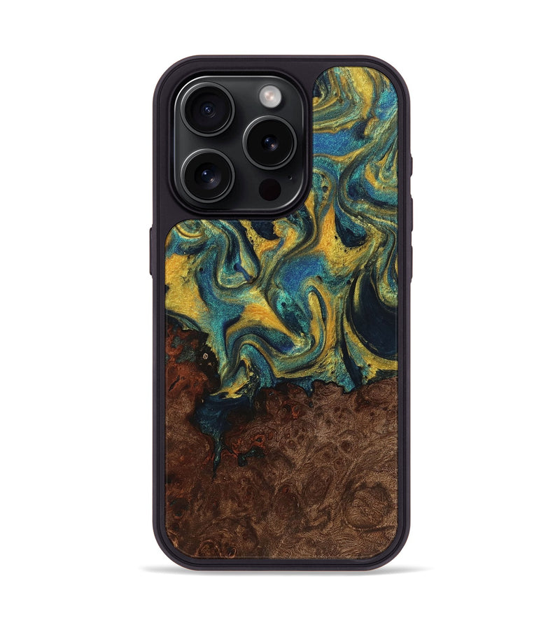 iPhone 15 Pro Wood+Resin Phone Case - Paola (Teal & Gold, 719418)