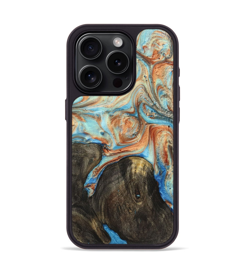 iPhone 15 Pro Wood+Resin Phone Case - Madelyn (Teal & Gold, 719419)