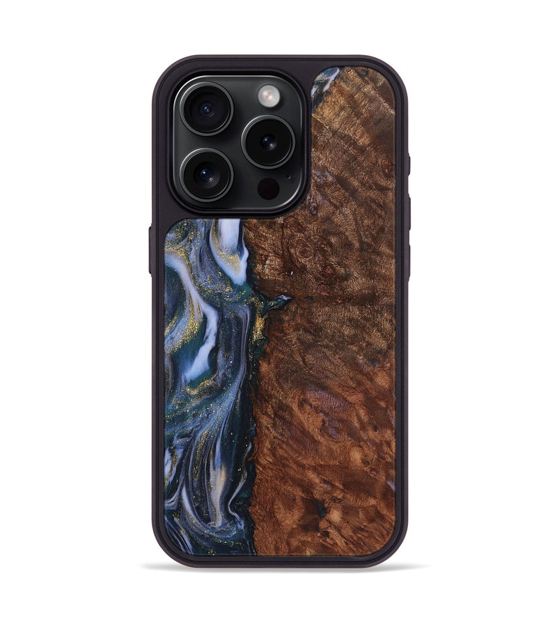 iPhone 15 Pro Wood+Resin Phone Case - Nicholas (Teal & Gold, 719423)