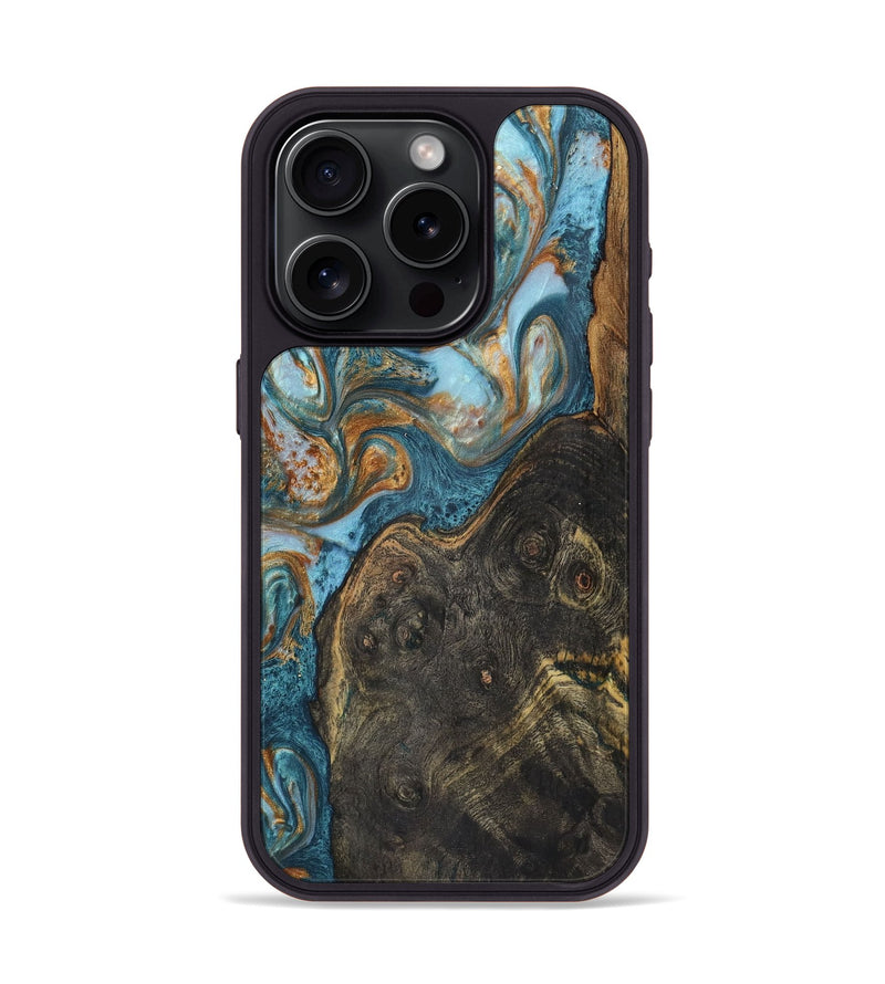 iPhone 15 Pro Wood+Resin Phone Case - Salvatore (Teal & Gold, 719427)