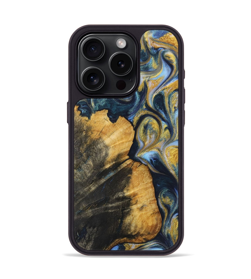 iPhone 15 Pro Wood+Resin Phone Case - Samuel (Teal & Gold, 719430)