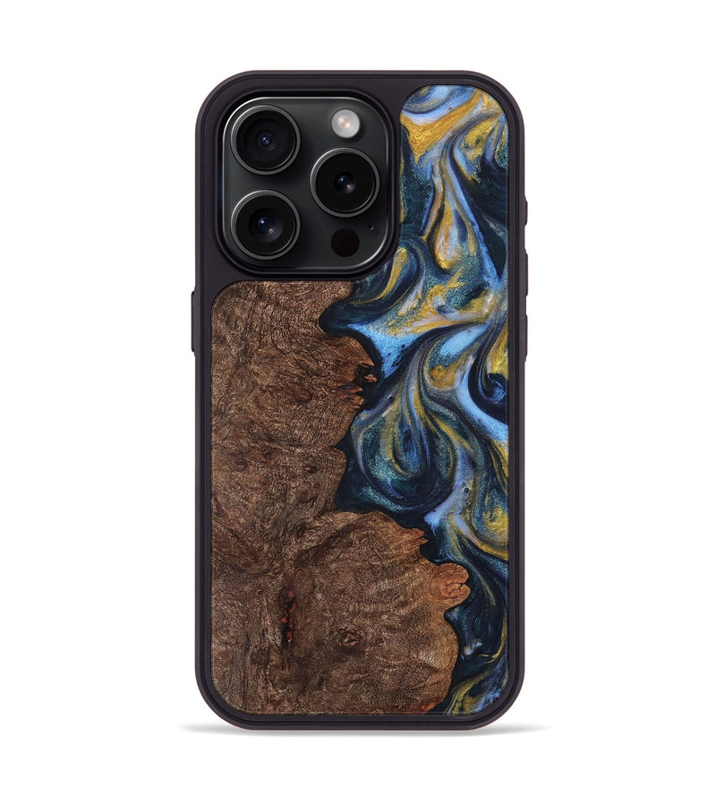 iPhone 15 Pro Wood+Resin Phone Case - Santiago (Teal & Gold, 719431)