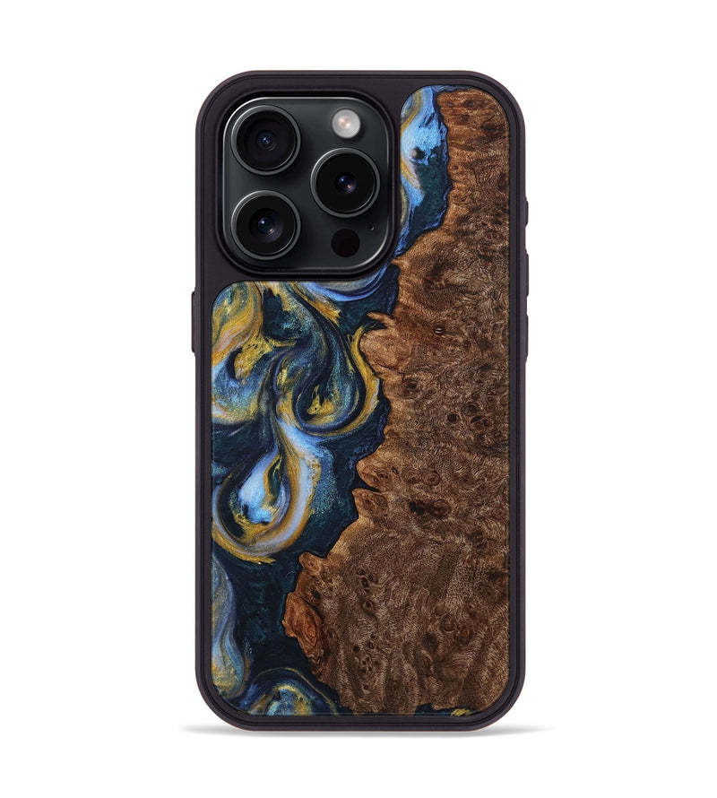 iPhone 15 Pro Wood+Resin Phone Case - Jayceon (Teal & Gold, 719432)