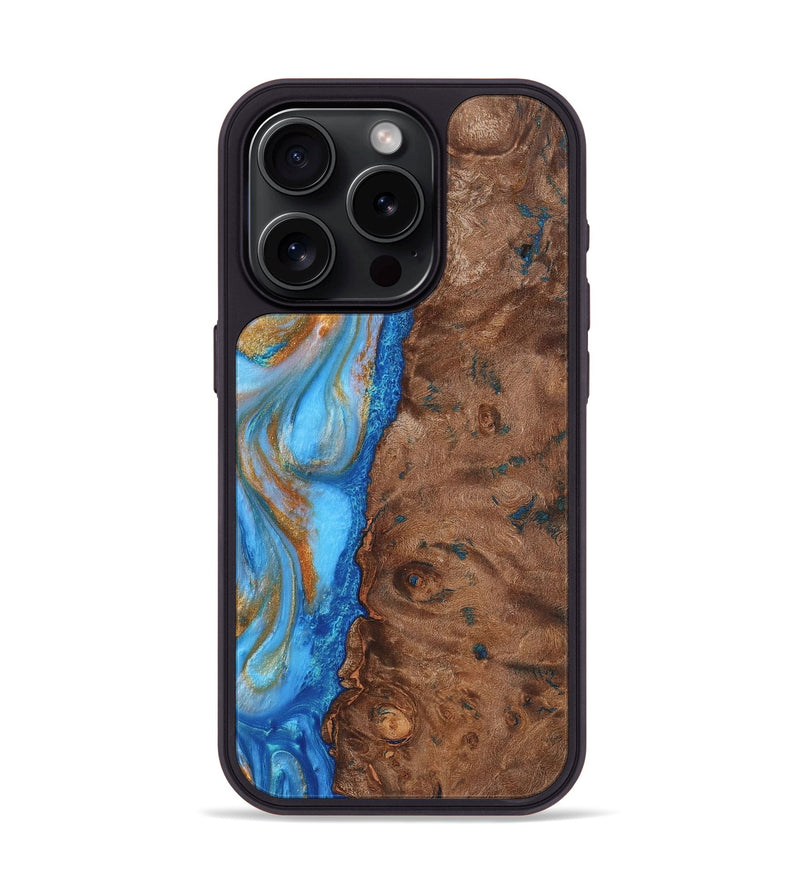 iPhone 15 Pro Wood+Resin Phone Case - Vera (Teal & Gold, 719433)