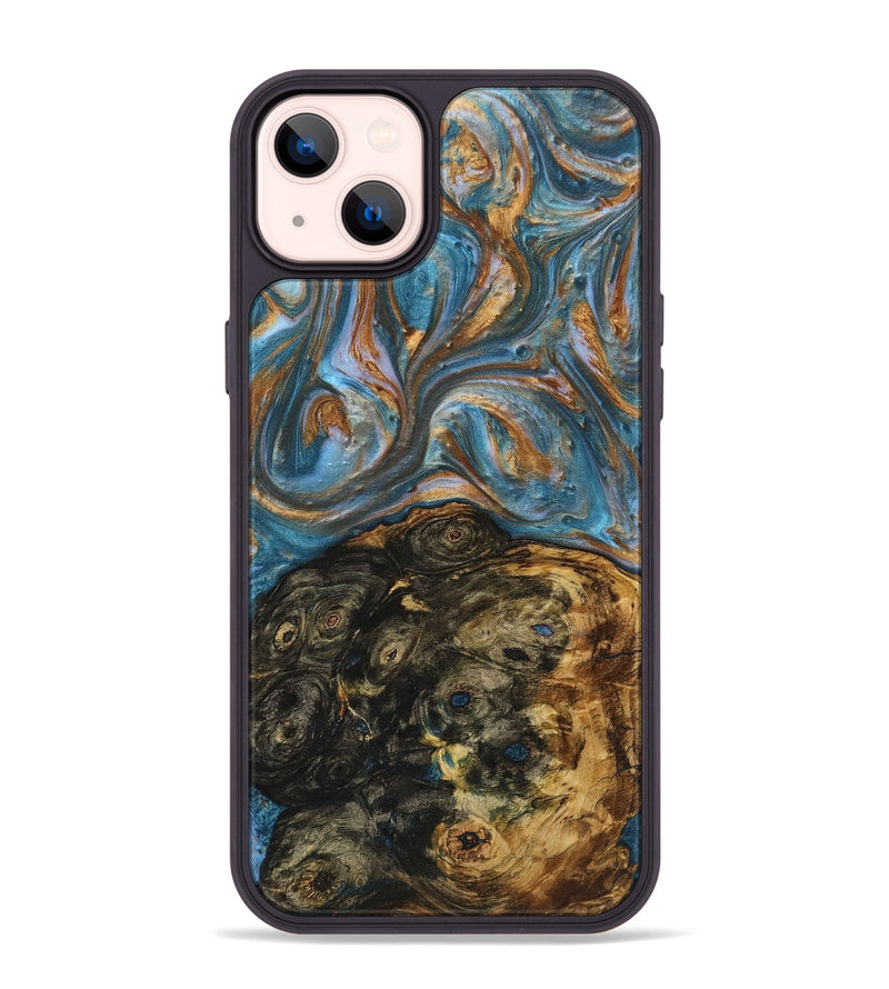 iPhone 14 Plus Wood+Resin Phone Case - Elaine (Teal & Gold, 719436)