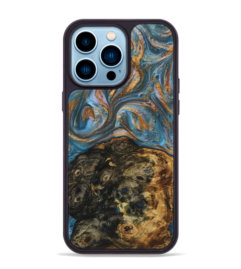 iPhone 14 Pro Max Wood+Resin Phone Case - Elaine (Teal & Gold, 719436)