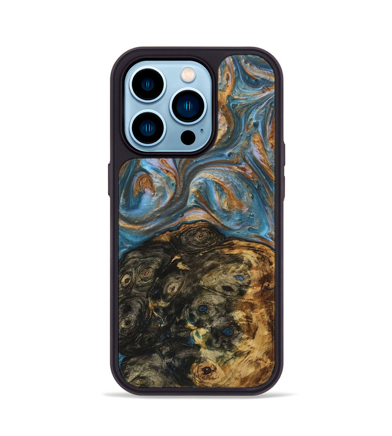 iPhone 14 Pro Wood+Resin Phone Case - Elaine (Teal & Gold, 719436)