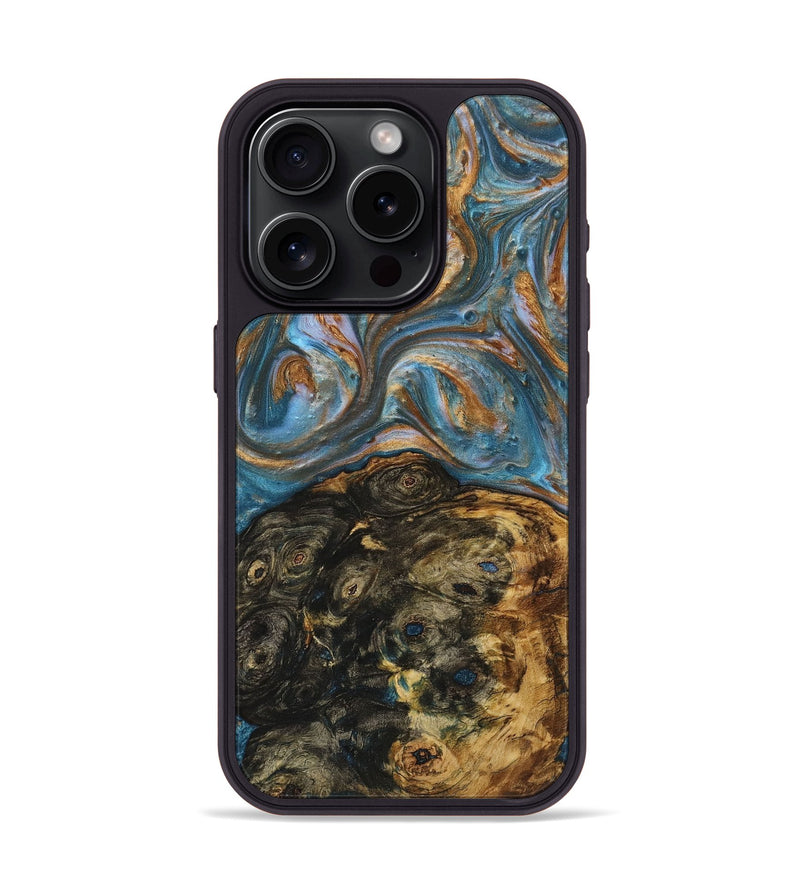 iPhone 15 Pro Wood+Resin Phone Case - Elaine (Teal & Gold, 719436)