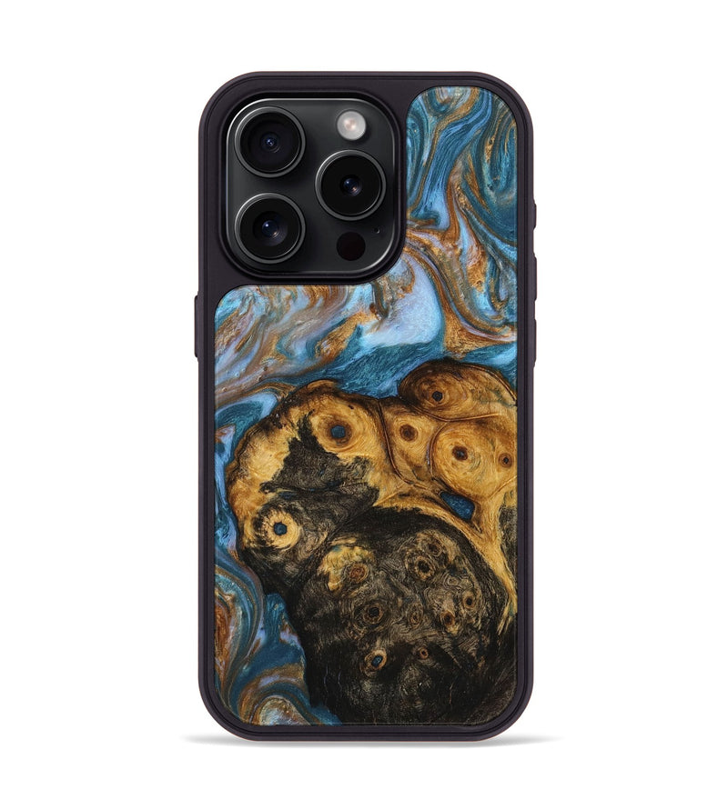 iPhone 15 Pro Wood+Resin Phone Case - Romeo (Teal & Gold, 719437)