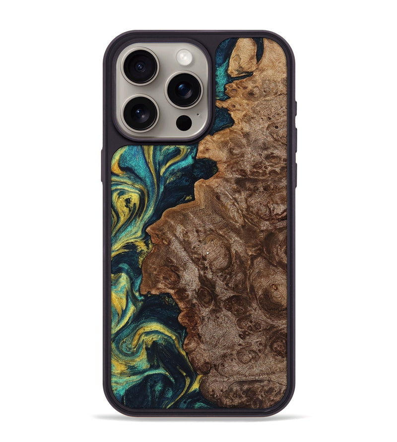 iPhone 15 Pro Max Wood+Resin Phone Case - Jamie (Teal & Gold, 719441)