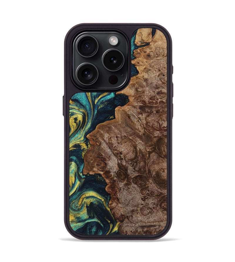 iPhone 15 Pro Wood+Resin Phone Case - Jamie (Teal & Gold, 719441)