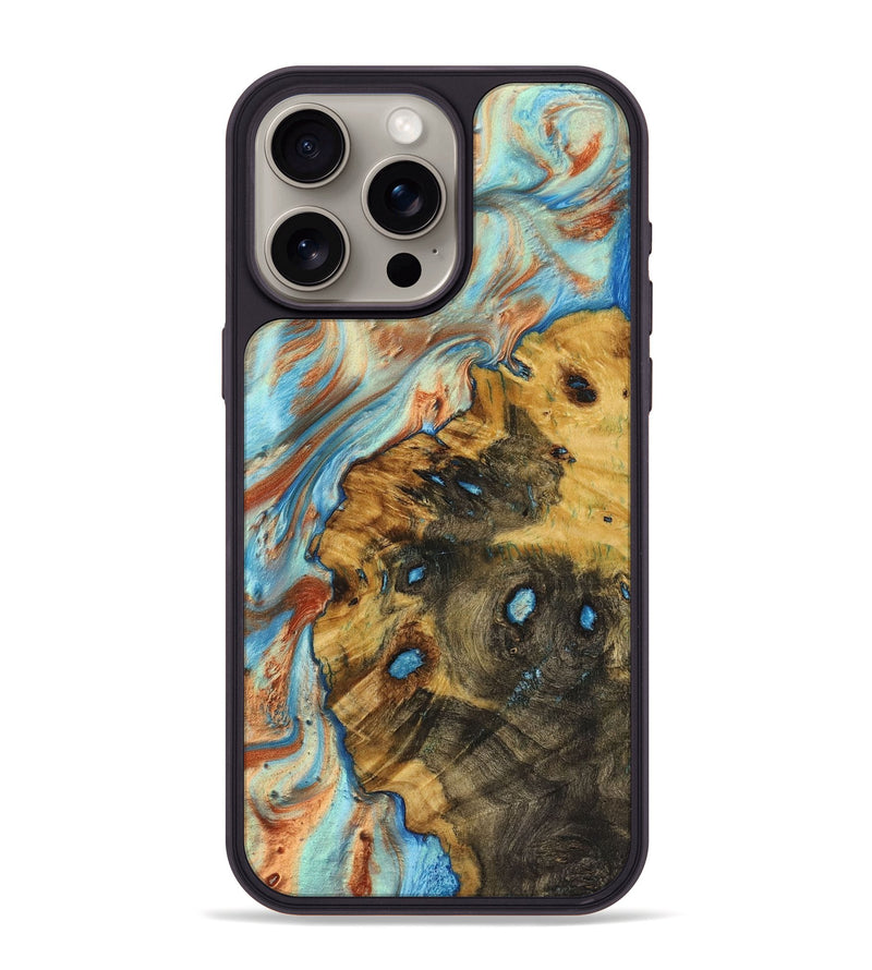 iPhone 15 Pro Max Wood+Resin Phone Case - Delbert (Teal & Gold, 719442)