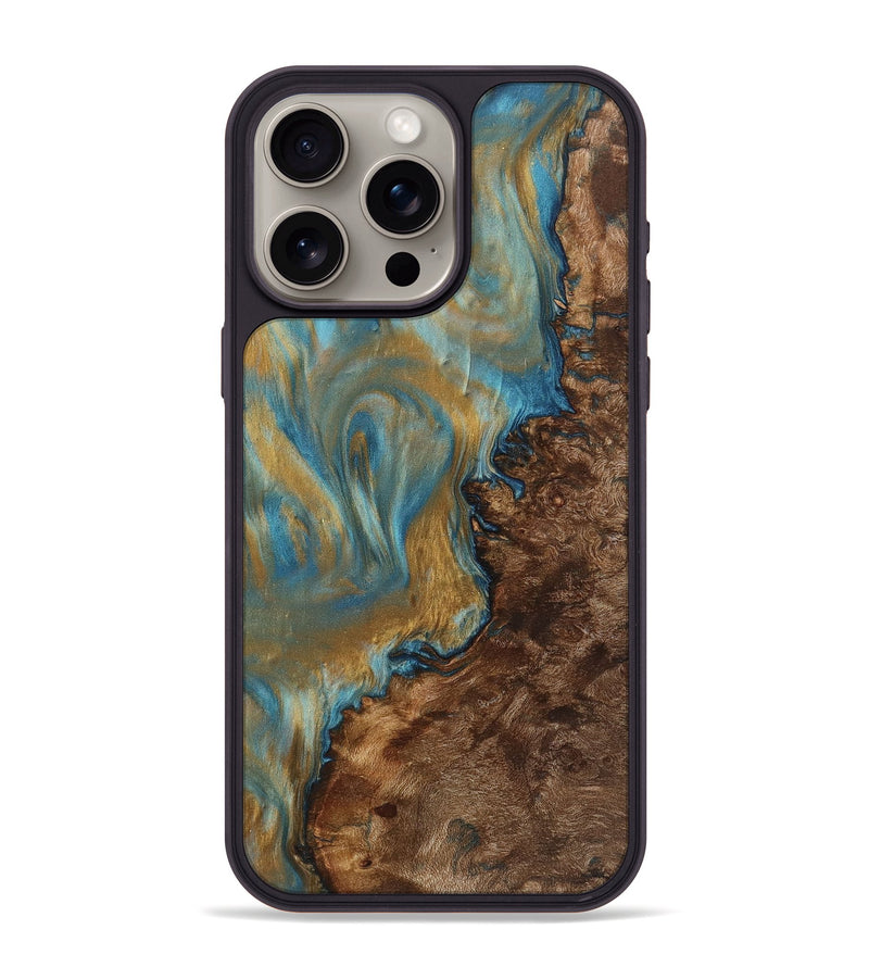 iPhone 15 Pro Max Wood+Resin Phone Case - Lowell (Teal & Gold, 719444)