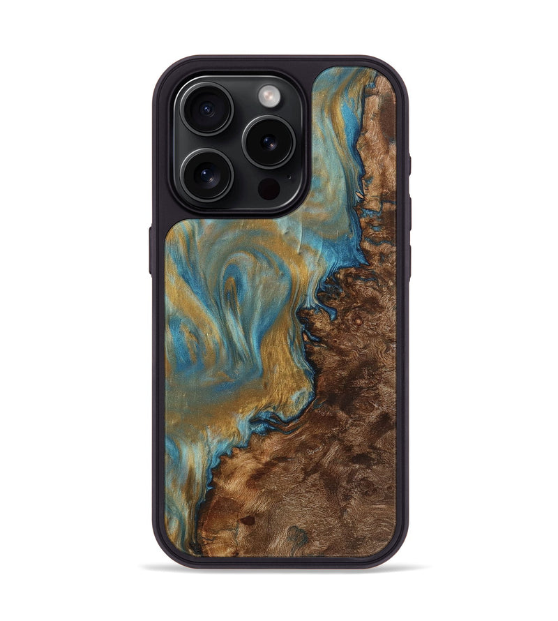 iPhone 15 Pro Wood+Resin Phone Case - Lowell (Teal & Gold, 719444)