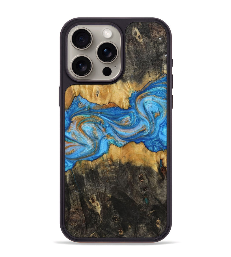 iPhone 15 Pro Max Wood+Resin Phone Case - Hugh (Teal & Gold, 719445)