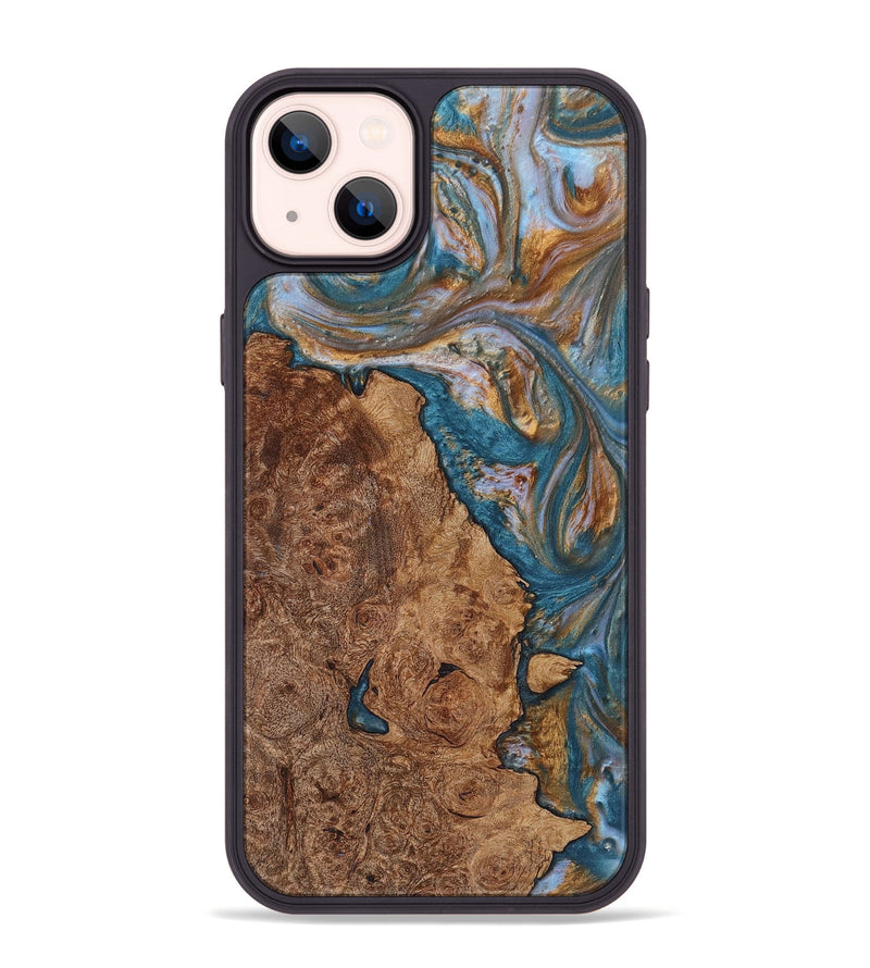 iPhone 14 Plus Wood+Resin Phone Case - Robert (Teal & Gold, 719446)