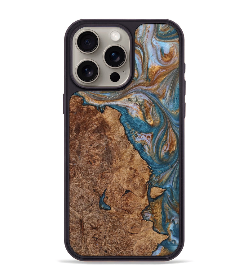 iPhone 15 Pro Max Wood+Resin Phone Case - Robert (Teal & Gold, 719446)