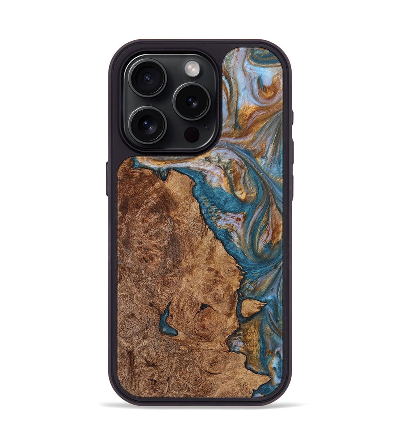 iPhone 15 Pro Wood+Resin Phone Case - Robert (Teal & Gold, 719446)