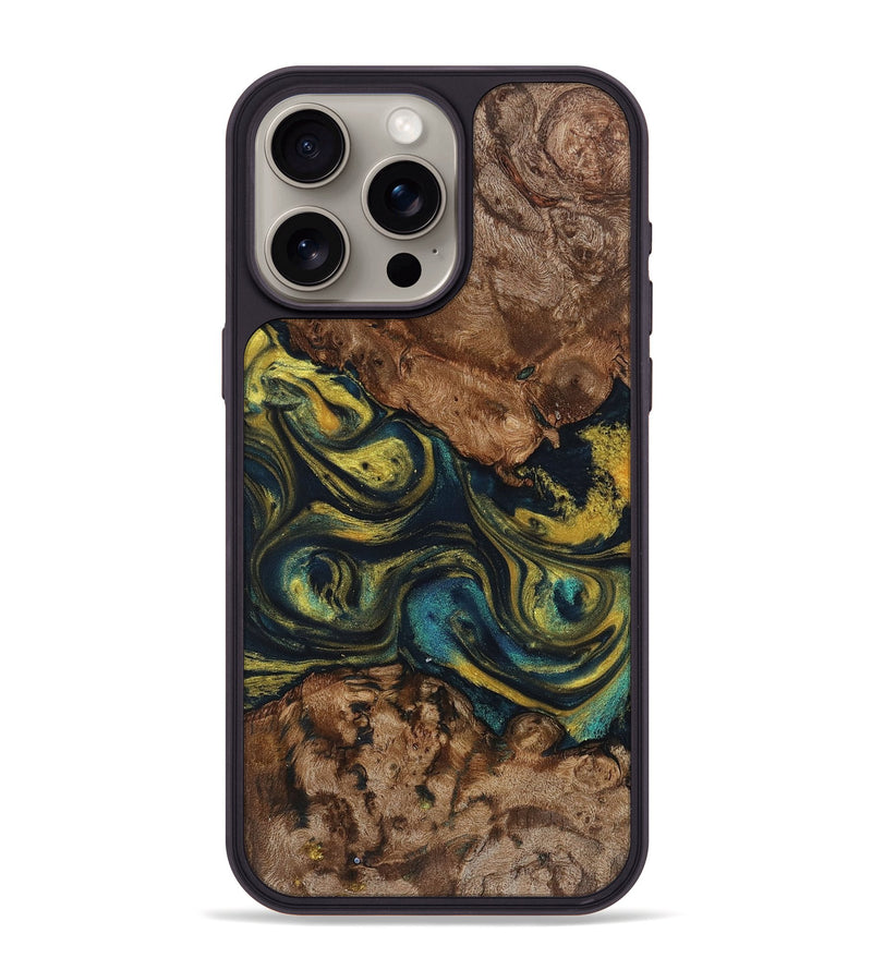 iPhone 15 Pro Max Wood+Resin Phone Case - Doug (Teal & Gold, 719448)