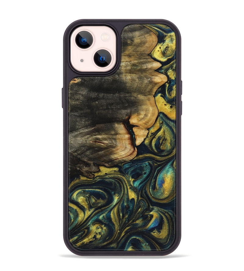 iPhone 14 Plus Wood+Resin Phone Case - Daniella (Teal & Gold, 719449)