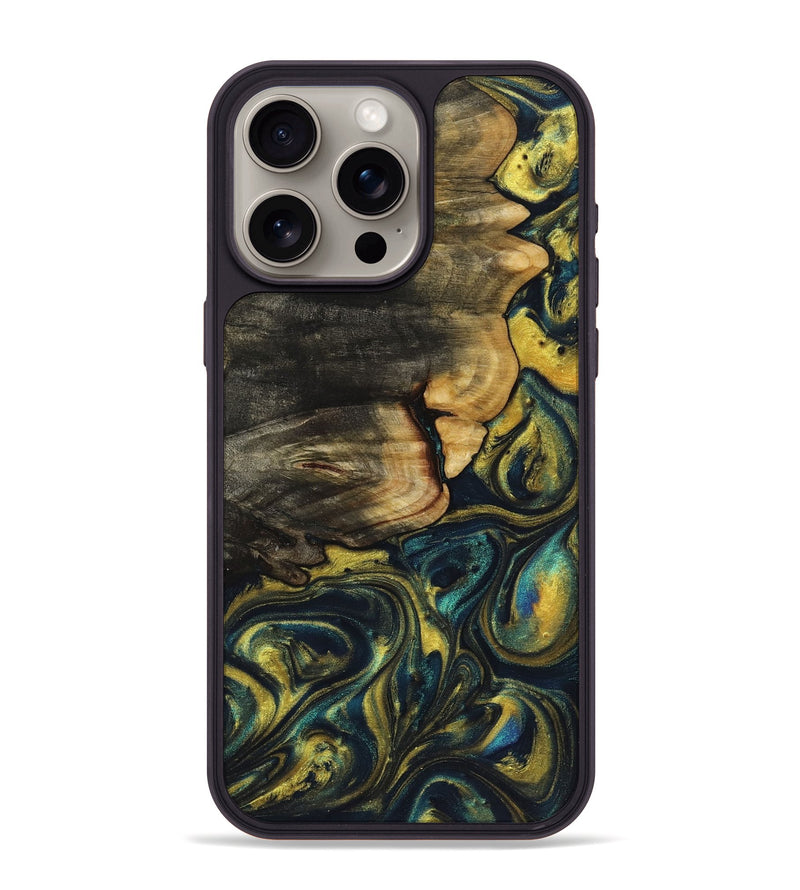 iPhone 15 Pro Max Wood+Resin Phone Case - Daniella (Teal & Gold, 719449)