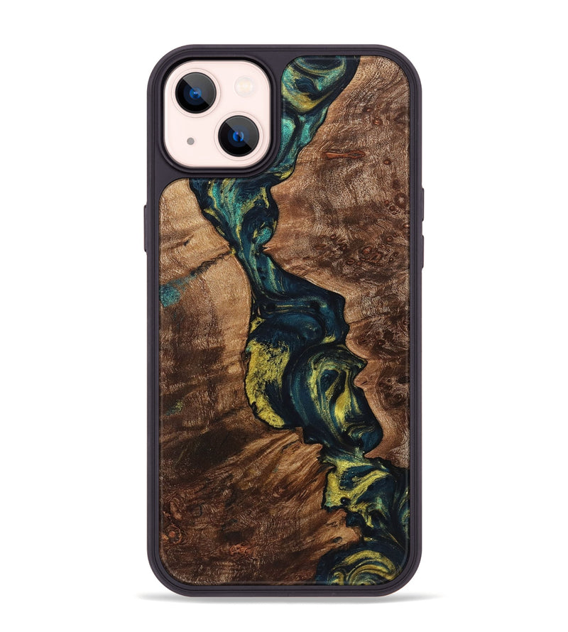 iPhone 14 Plus Wood+Resin Phone Case - Lennox (Teal & Gold, 719450)