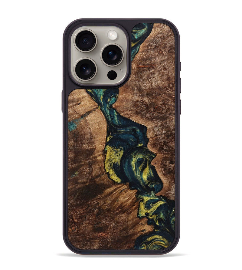 iPhone 15 Pro Max Wood+Resin Phone Case - Lennox (Teal & Gold, 719450)