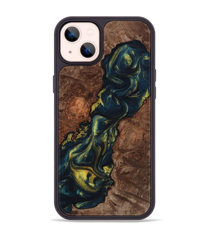 iPhone 14 Plus Wood+Resin Phone Case - Mike (Teal & Gold, 719453)