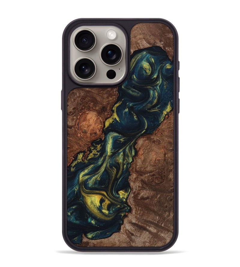 iPhone 15 Pro Max Wood+Resin Phone Case - Mike (Teal & Gold, 719453)