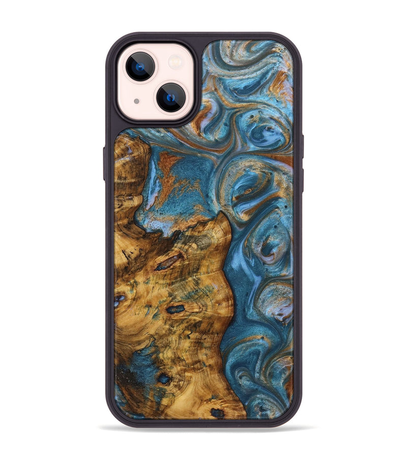 iPhone 14 Plus Wood+Resin Phone Case - Mckinley (Teal & Gold, 719454)