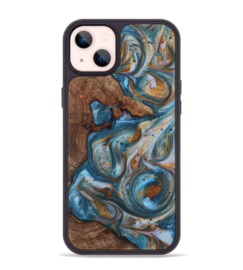 iPhone 14 Plus Wood+Resin Phone Case - Tiffany (Teal & Gold, 719455)