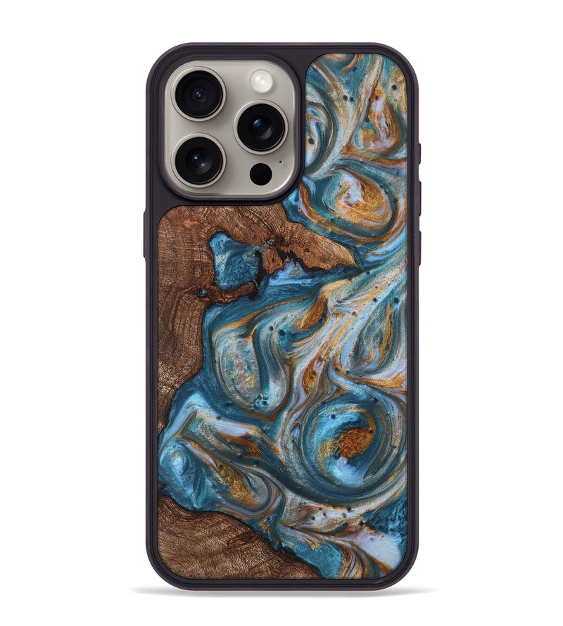 iPhone 15 Pro Max Wood+Resin Phone Case - Tiffany (Teal & Gold, 719455)