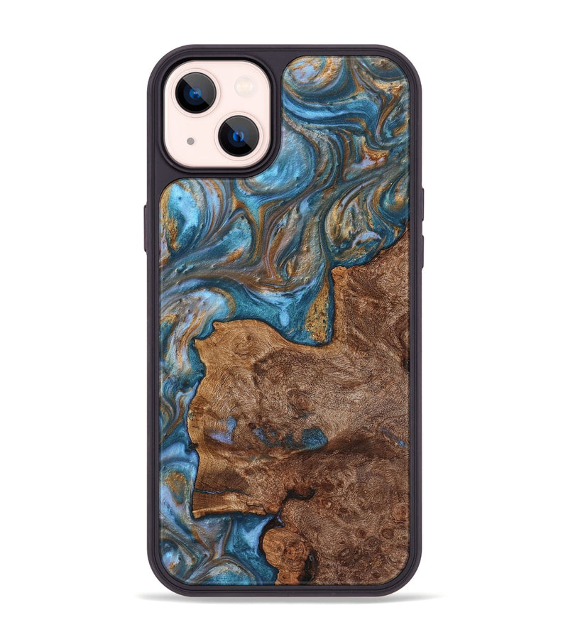 iPhone 14 Plus Wood+Resin Phone Case - Luella (Teal & Gold, 719456)