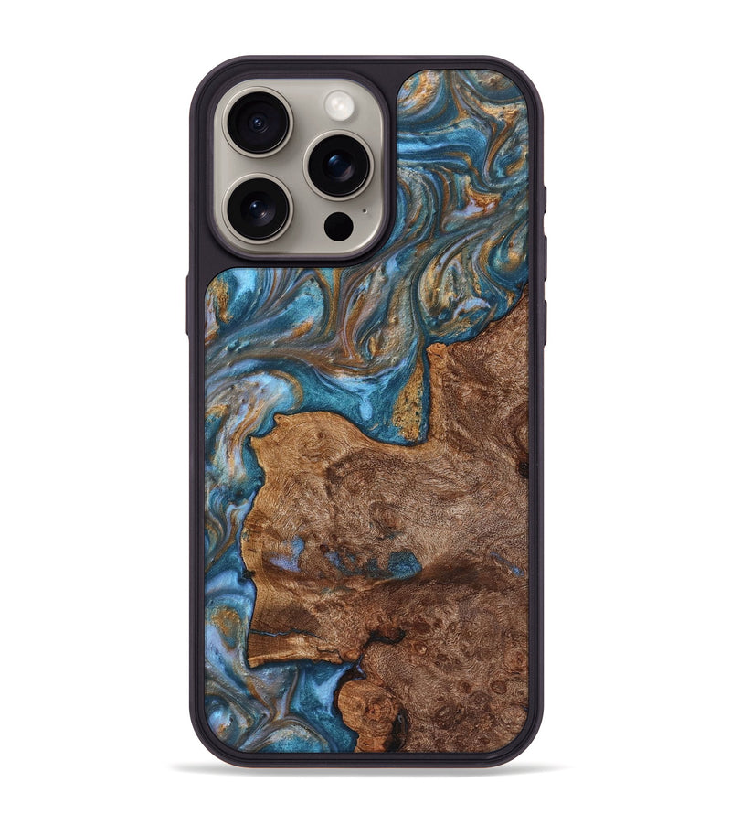 iPhone 15 Pro Max Wood+Resin Phone Case - Luella (Teal & Gold, 719456)